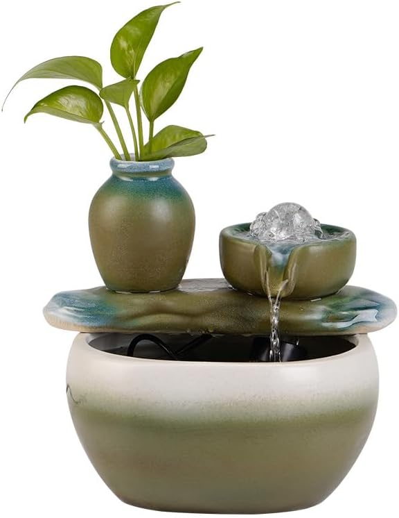 Green Ceramic Desktop Water Fountain with Plant Holder