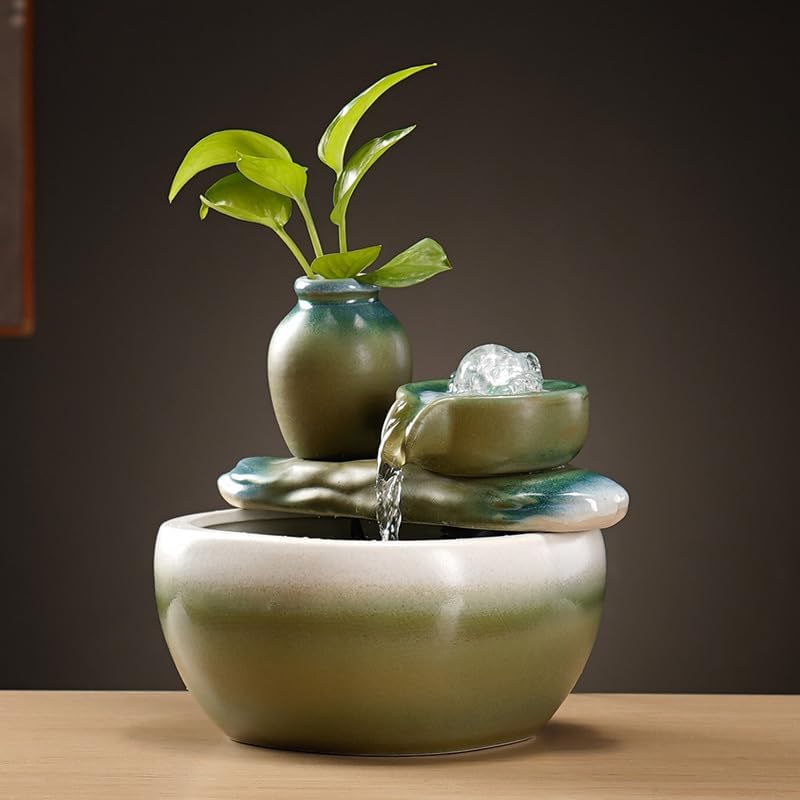 Green Ceramic Desktop Water Fountain with Plant Holder