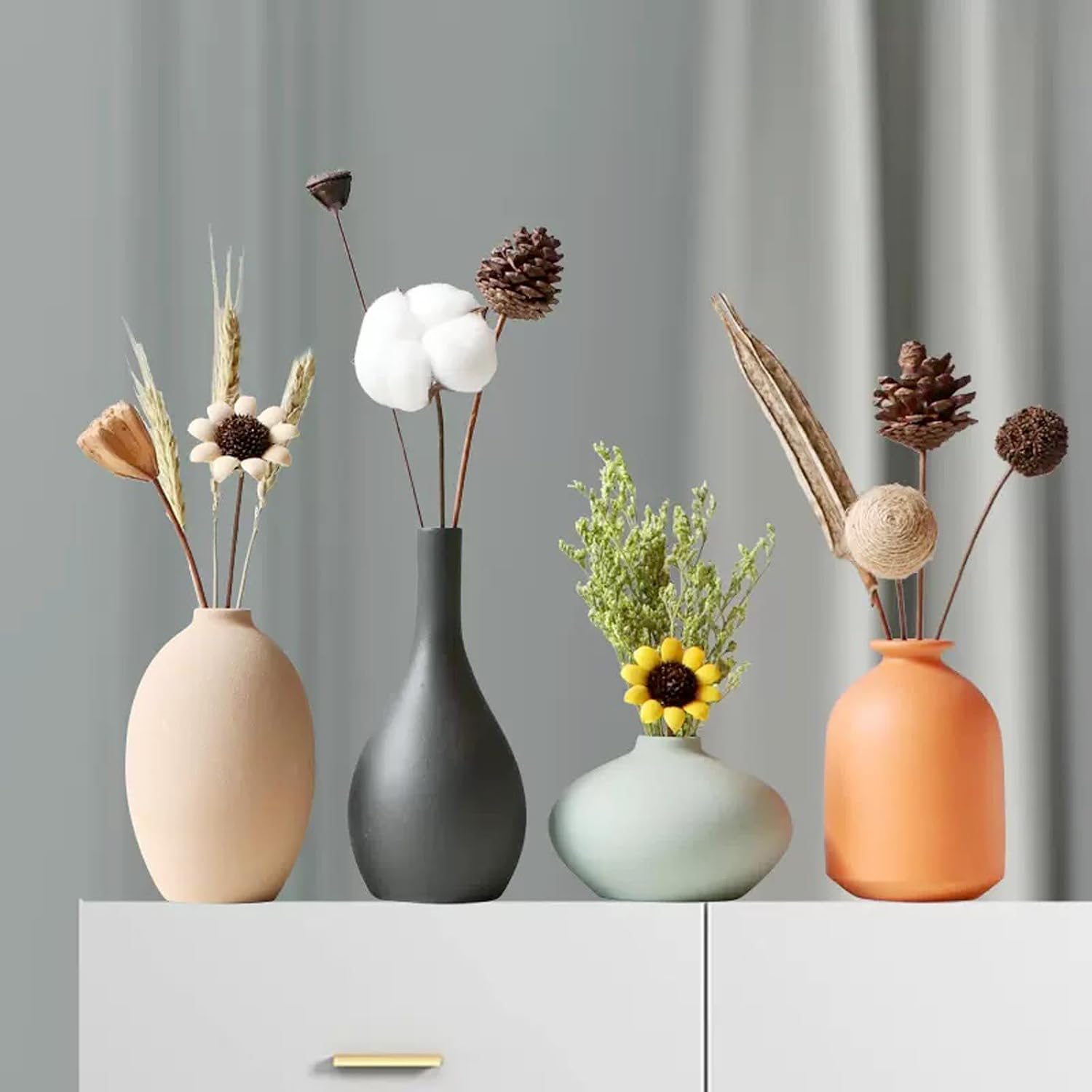 Set of 4 Small Round Matte Ceramic Vases Boho
