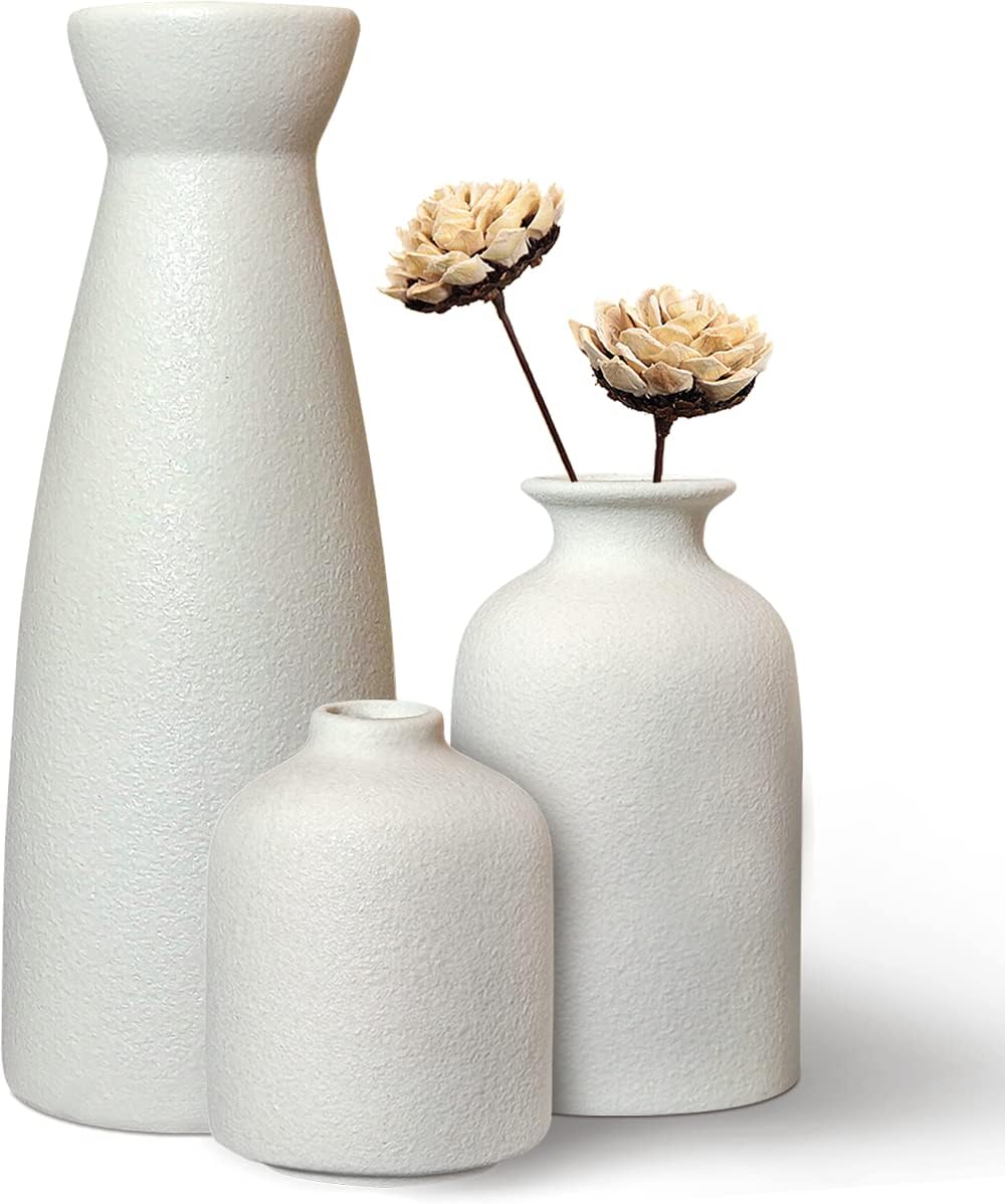 Set of 3 White Farmhouse Ceramic Vases for Pampas