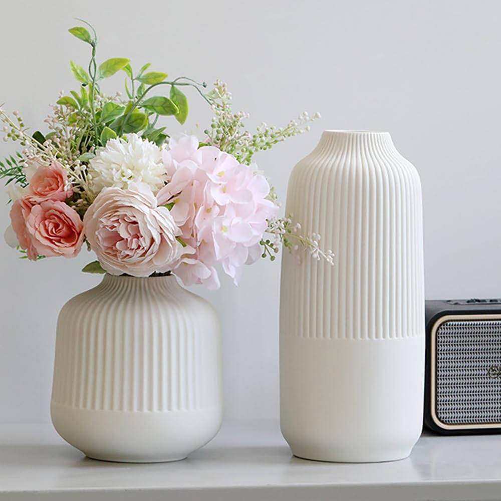 Set of 2 Large White Ribbed Matte Ceramic Vases 10"