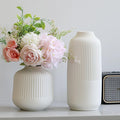 Set of 2 Large White Ribbed Matte Ceramic Vases 10"