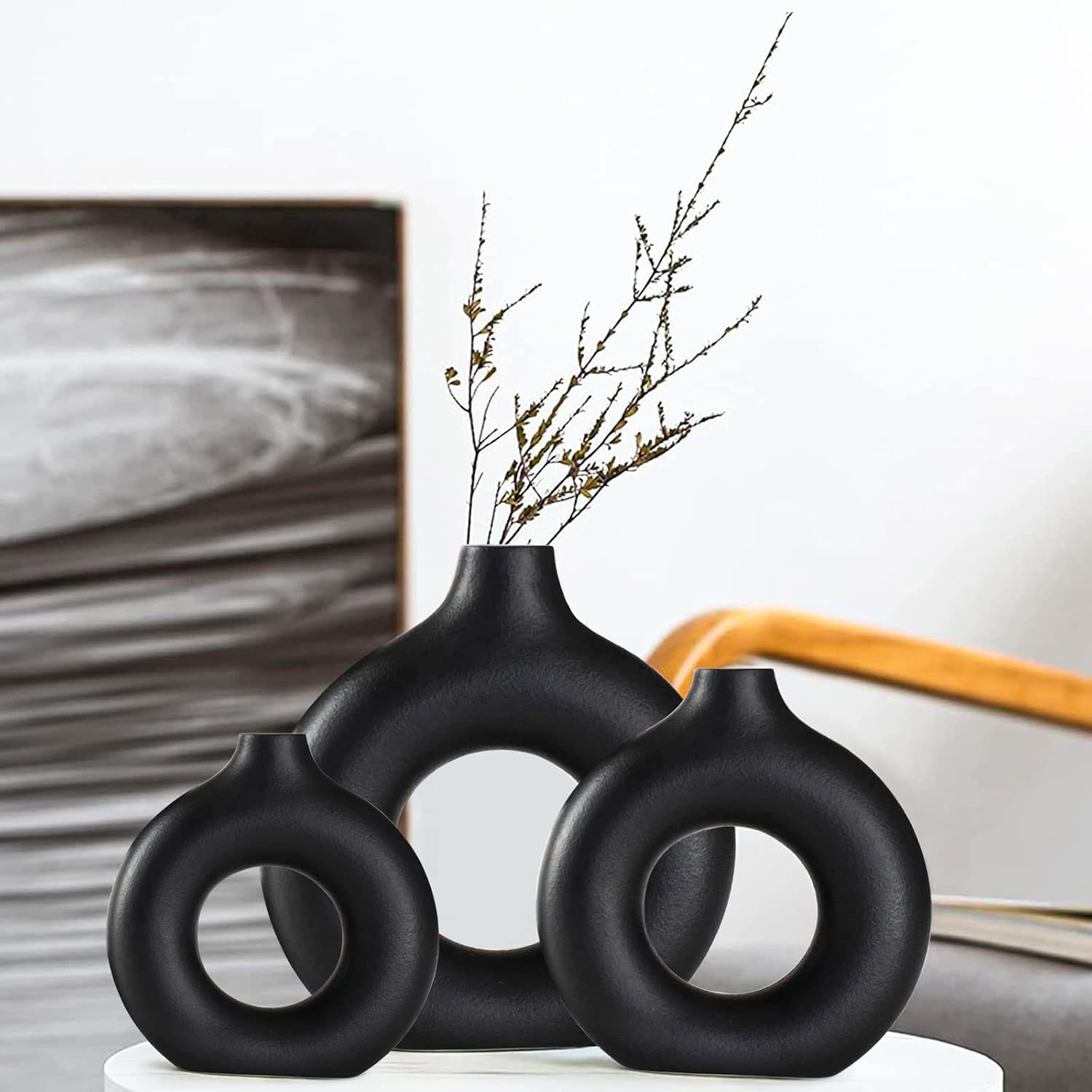 Set of 3 Black Matte Round Ceramic Vases