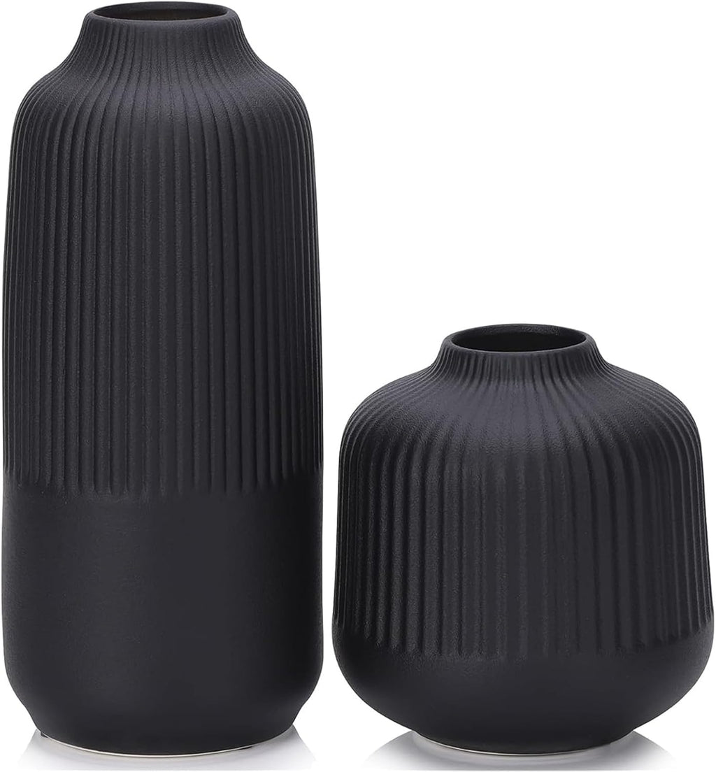 Set of 2 Large Black Ribbed Matte Ceramic Vases 10"