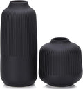 Set of 2 Large Black Ribbed Matte Ceramic Vases 10"
