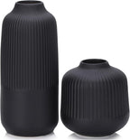 Set of 2 Large Black Ribbed Matte Ceramic Vases 10"