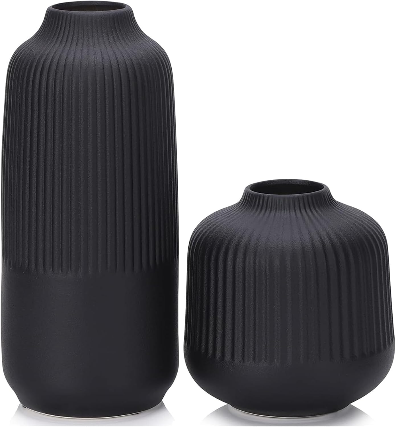 Set of 2 Large Black Ribbed Matte Ceramic Vases 10"