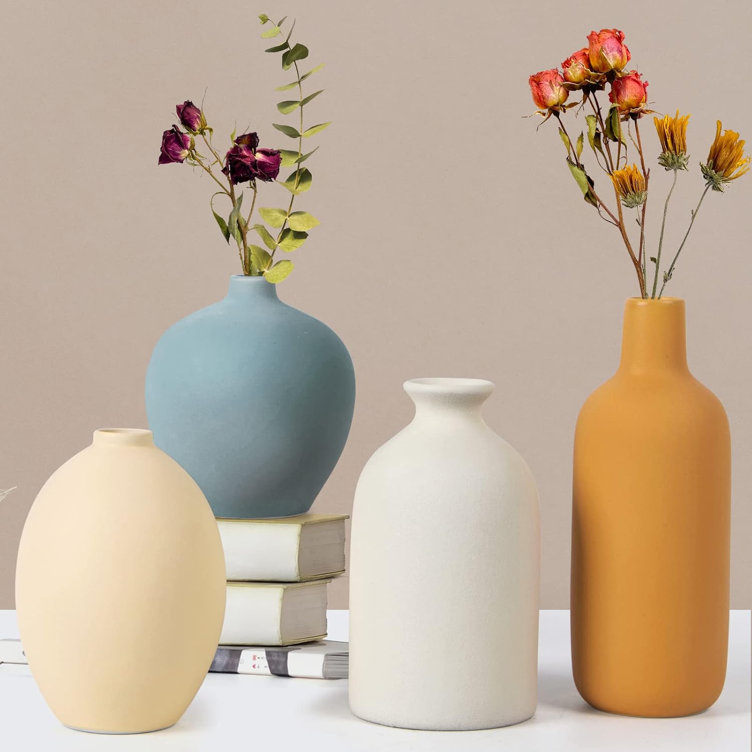 Set of 4 Morandi Colored Small Ceramic Vases