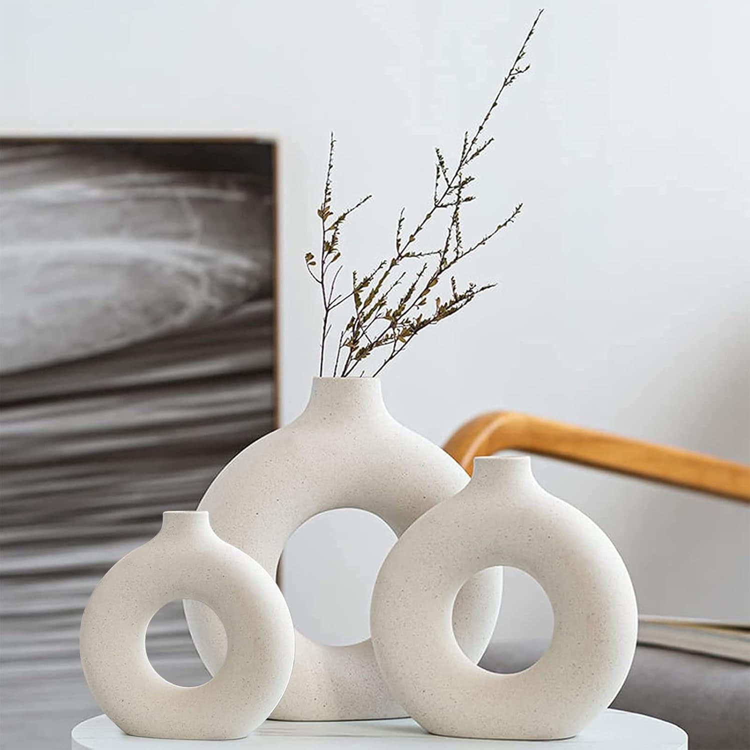 Set of 3 White Round Matte Ceramic Vases Nordic