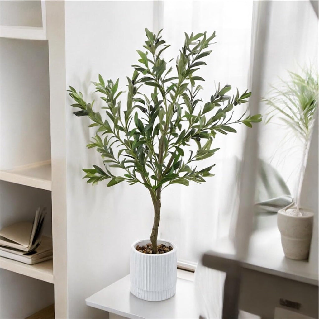 3ft Artificial Olive Tree with White Planter and Pebbles