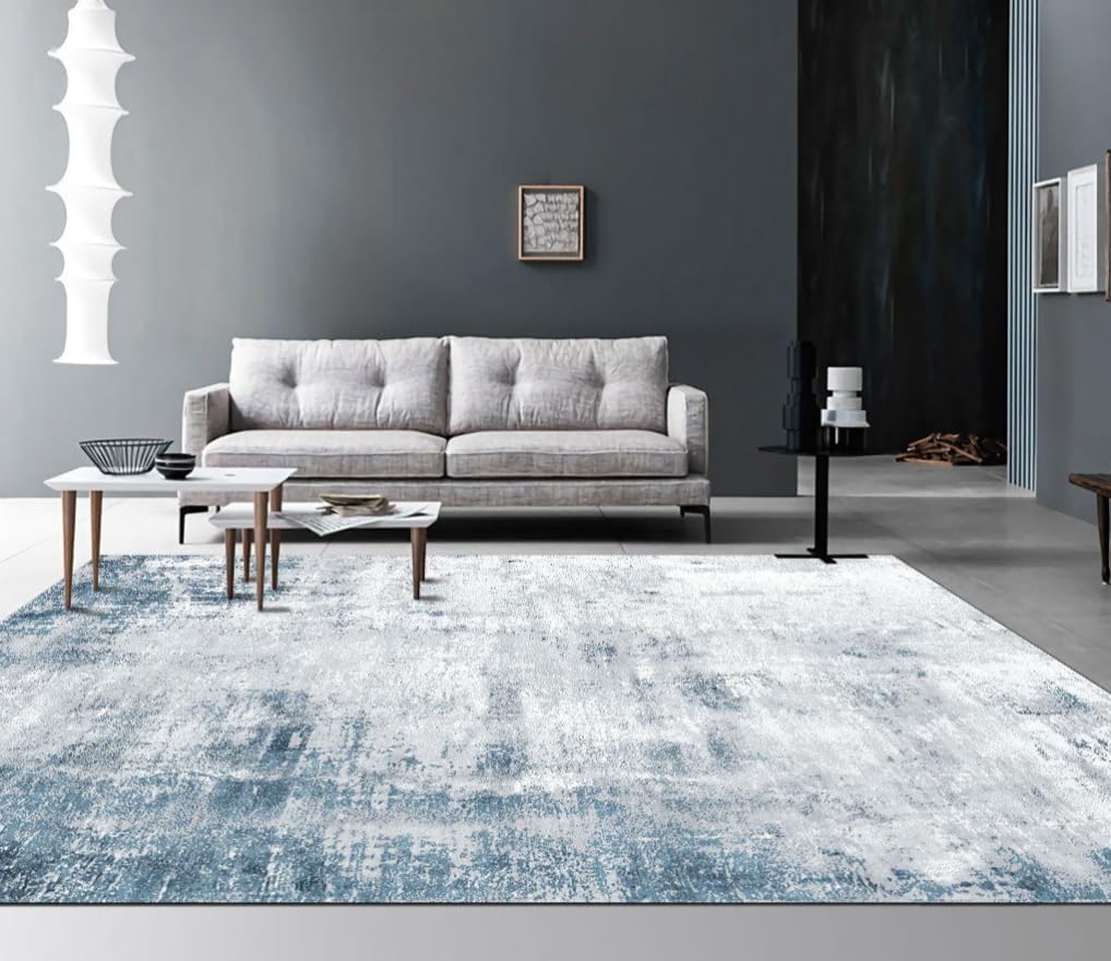 Blue 5x7 Washable Abstract Ultra-Thin Area Rug