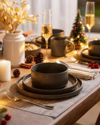 Matte Dark Charcoal Ribbed Stoneware Dinnerware 12-Piece