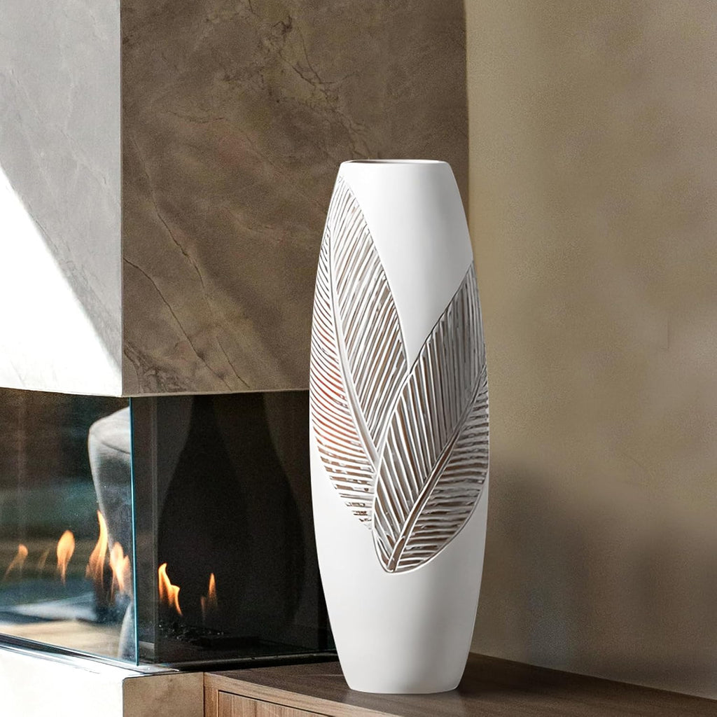 White 17.7" Tree Leaf Texture Resin Floor Vase
