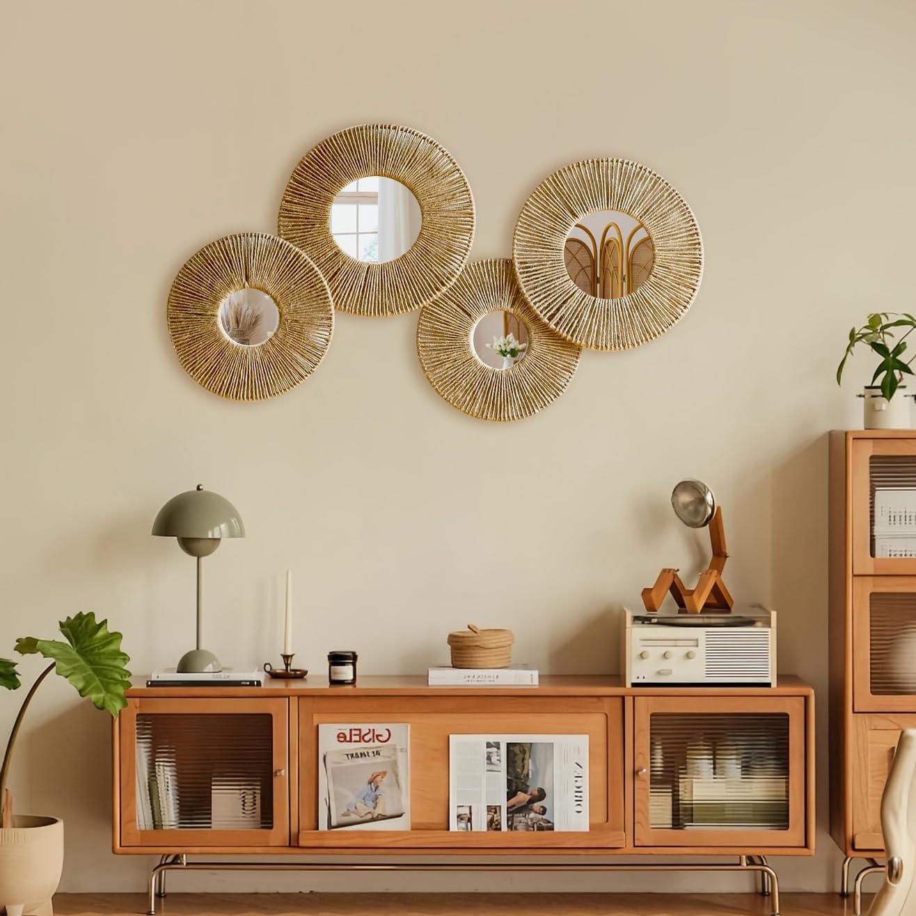 4Pcs Boho Coastal Hanging Baskets Wall Art with Mirror