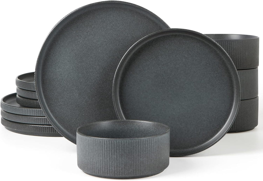 Matte Dark Charcoal Ribbed Stoneware Dinnerware 12-Piece