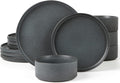 Matte Dark Charcoal Ribbed Stoneware Dinnerware 12-Piece