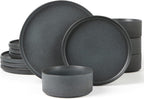 Matte Dark Charcoal Ribbed Stoneware Dinnerware 12-Piece
