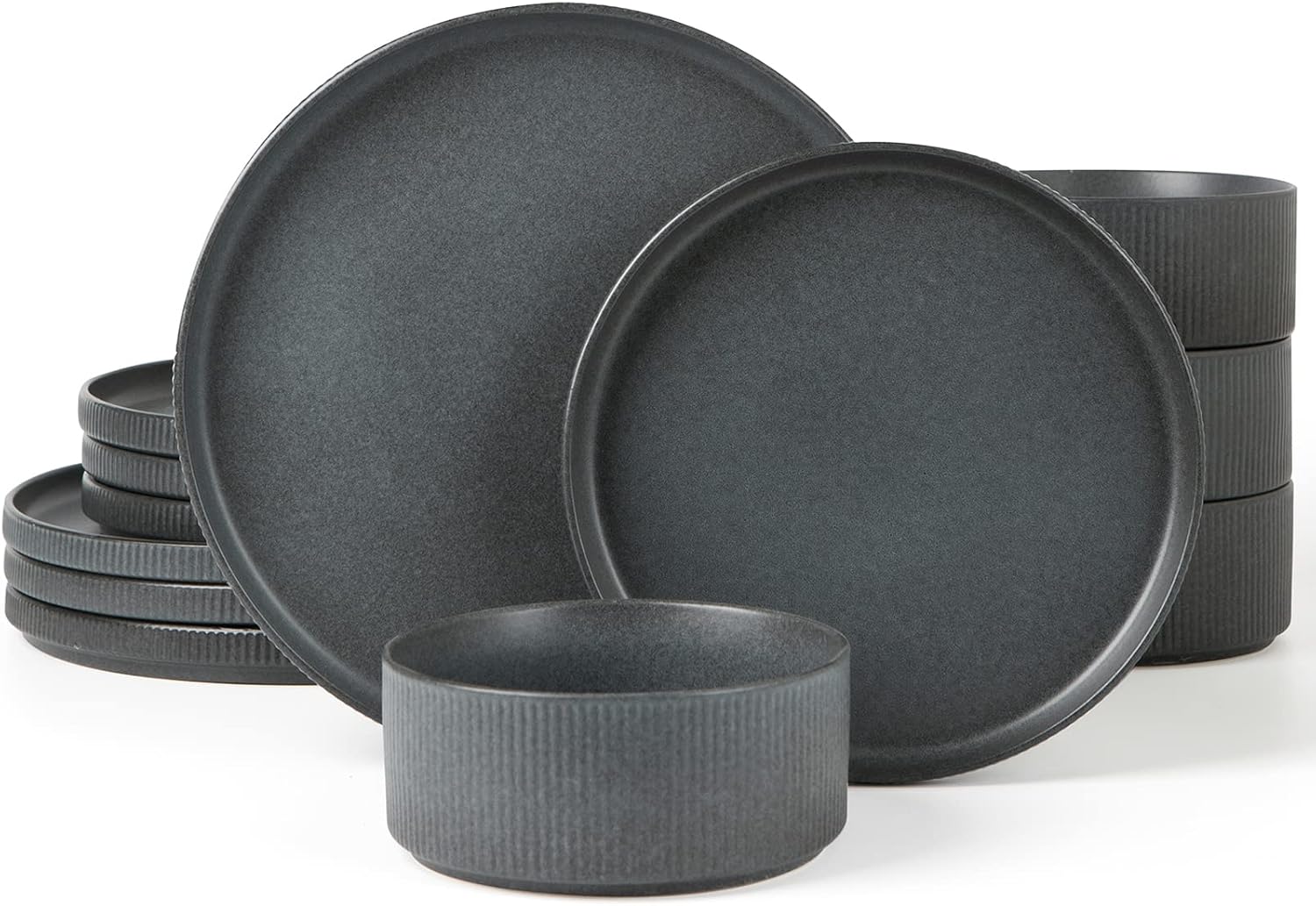 Matte Dark Charcoal Ribbed Stoneware Dinnerware 12-Piece
