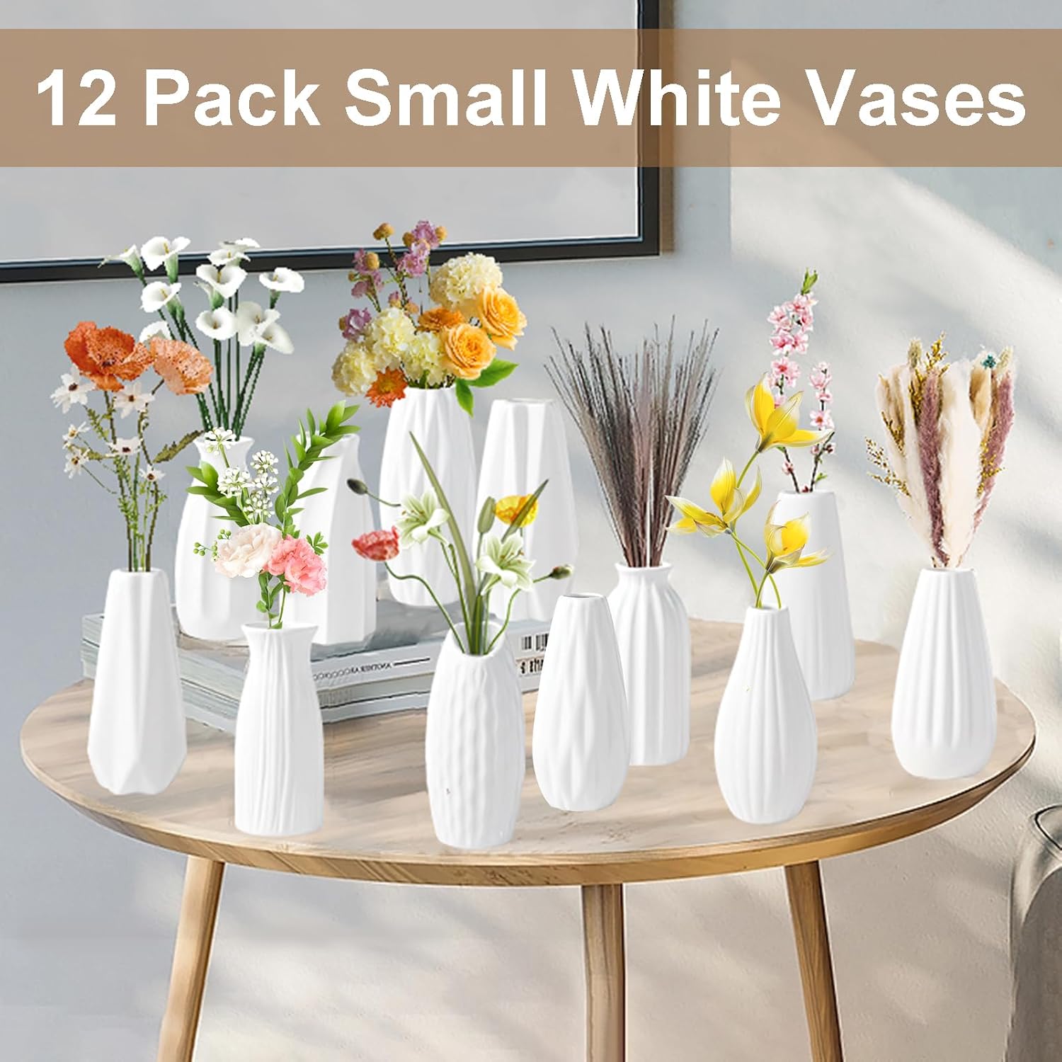 Set of 12 White Small Bud Vases Boho Pampas