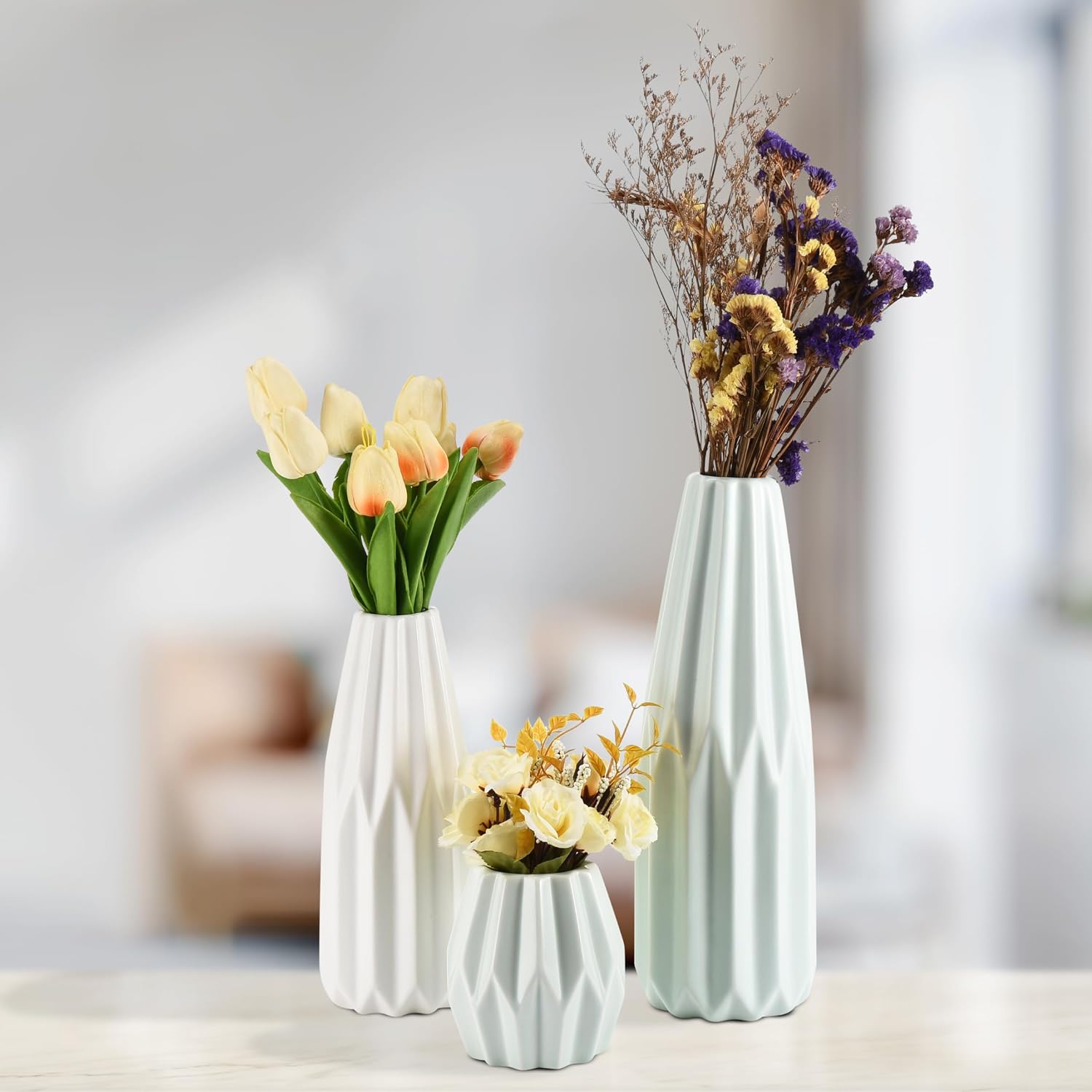 Off White & Light Green Ceramic Vase Set of 3 Modern