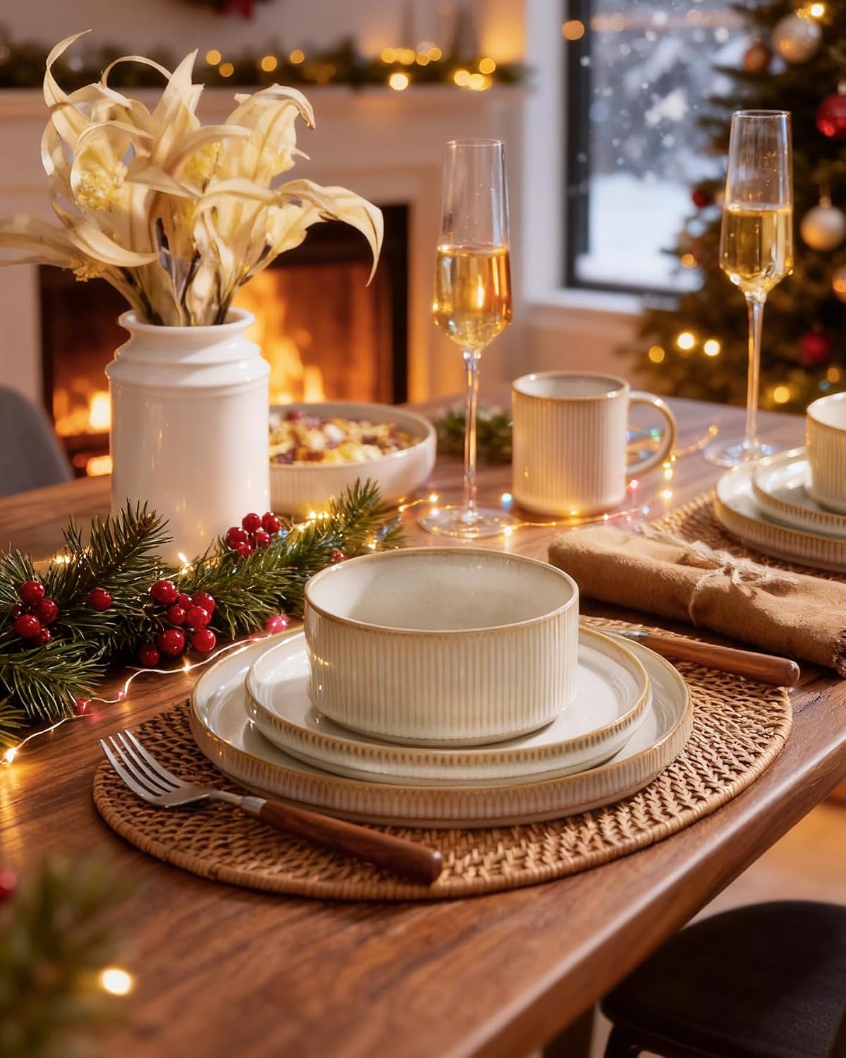 Cappuccino White Ribbed Stoneware Dinnerware 12-Piece