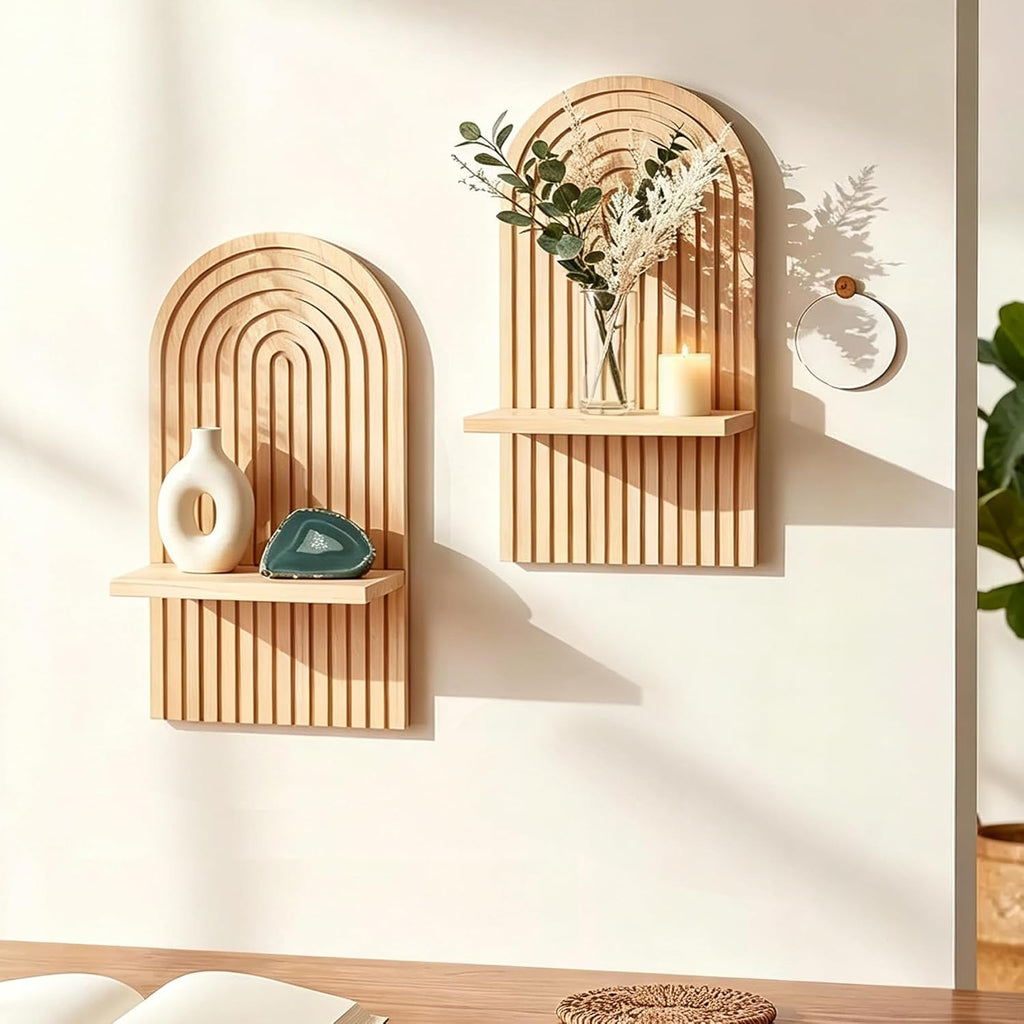 Set of 2 Boho Wooden Plant Wall Shelves