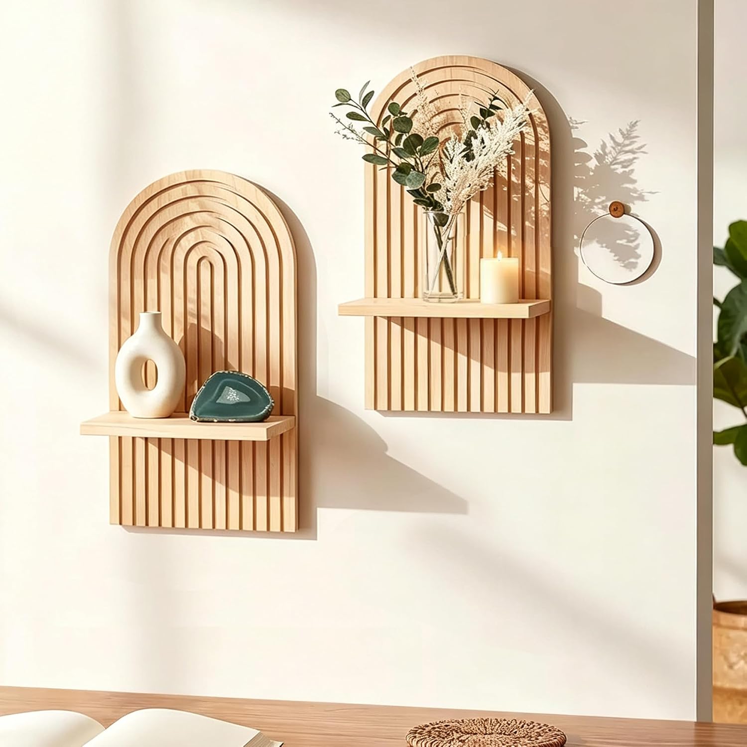 Set of 2 Boho Wooden Plant Wall Shelves