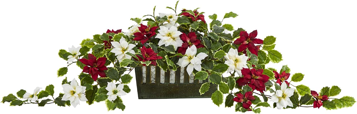 39" Poinsettia and Holly Artificial Plant in Planter