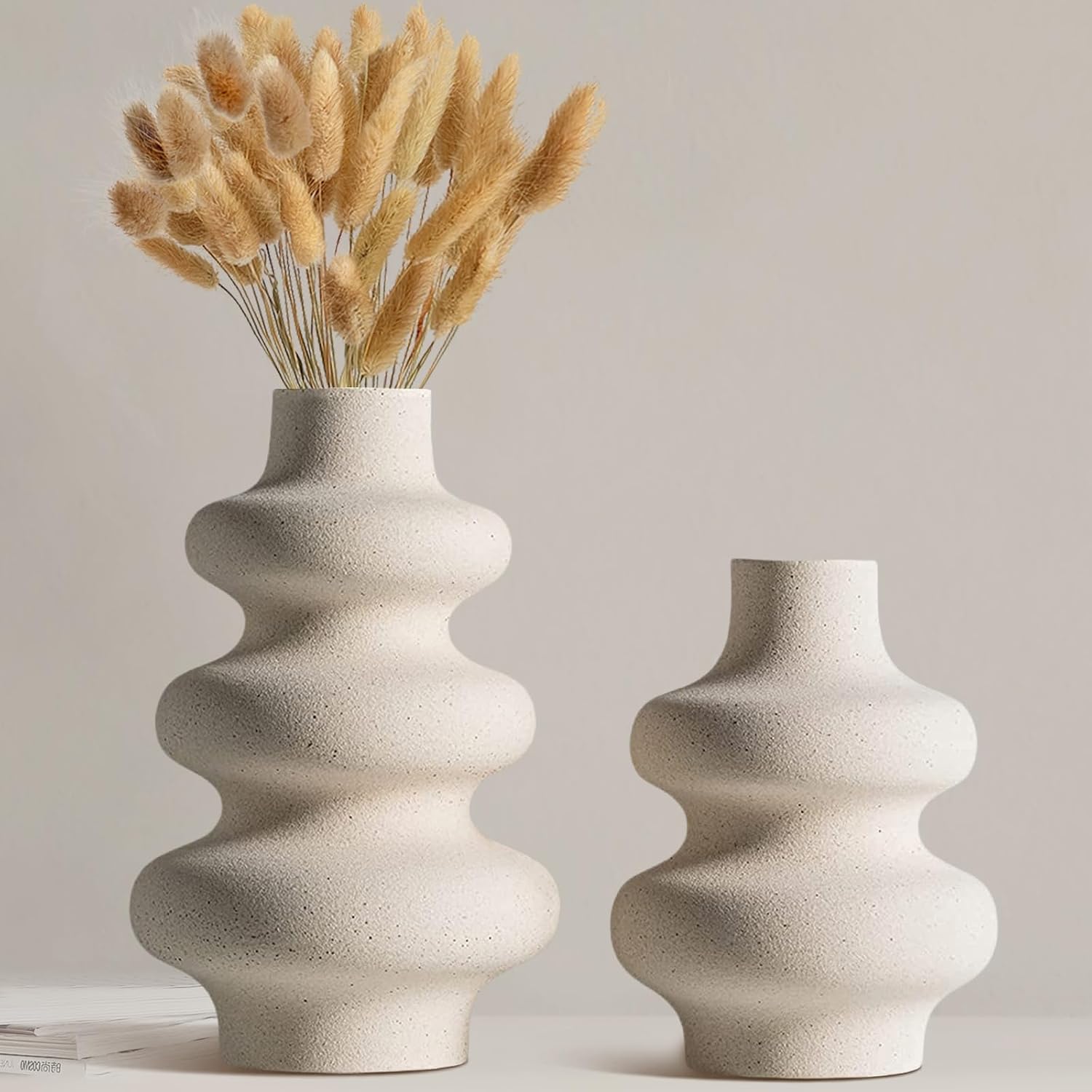 Set of 2 White Ceramic Vases for Decor