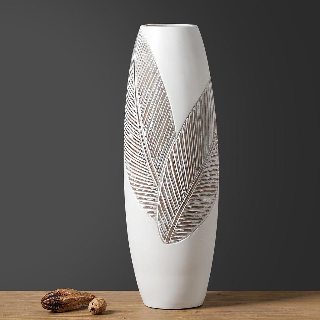 White 17.7" Tree Leaf Texture Resin Floor Vase