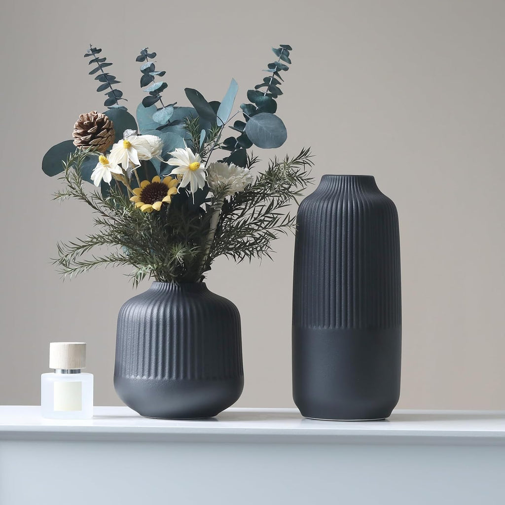 Set of 2 Large Black Ribbed Matte Ceramic Vases 10"