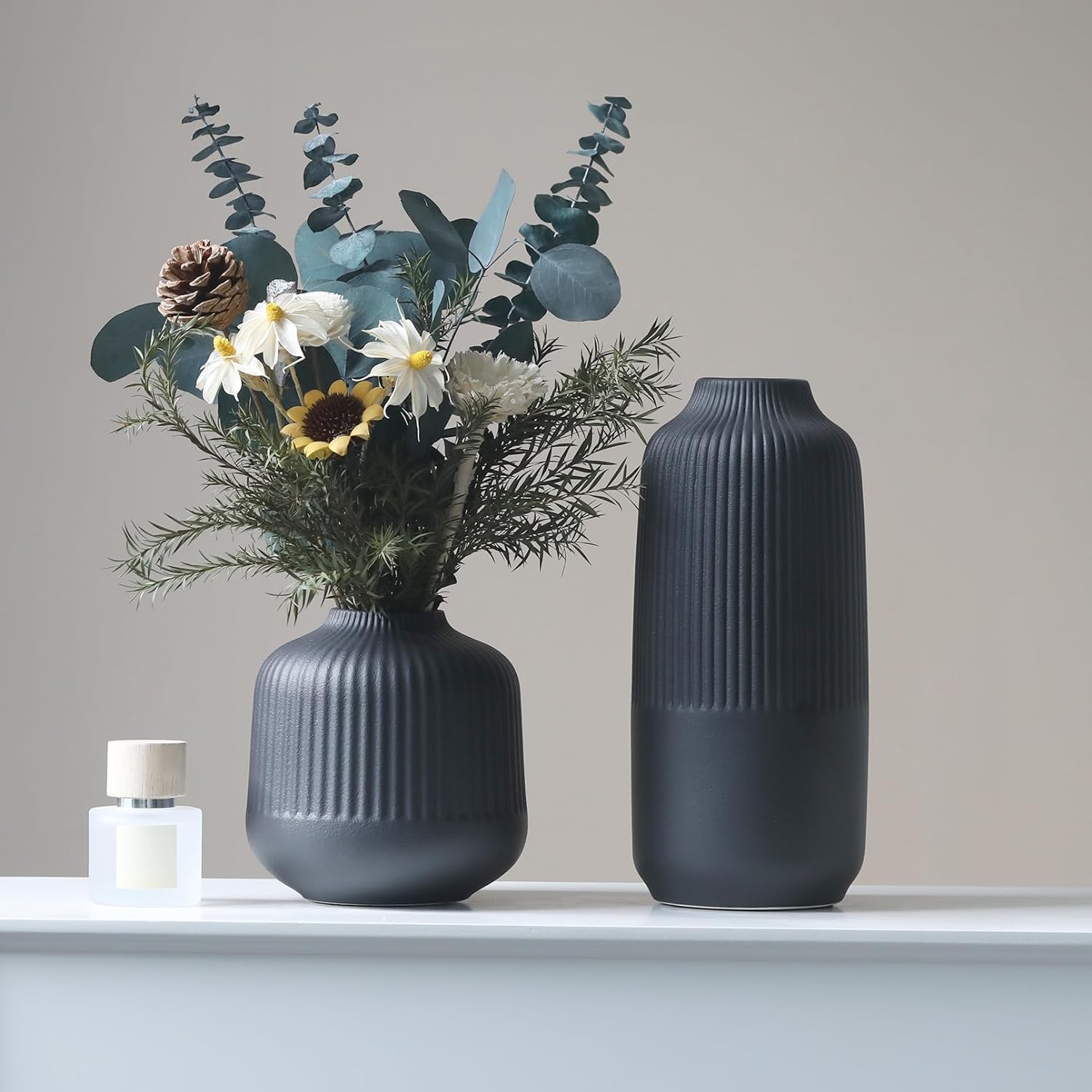 Set of 2 Large Black Ribbed Matte Ceramic Vases 10"