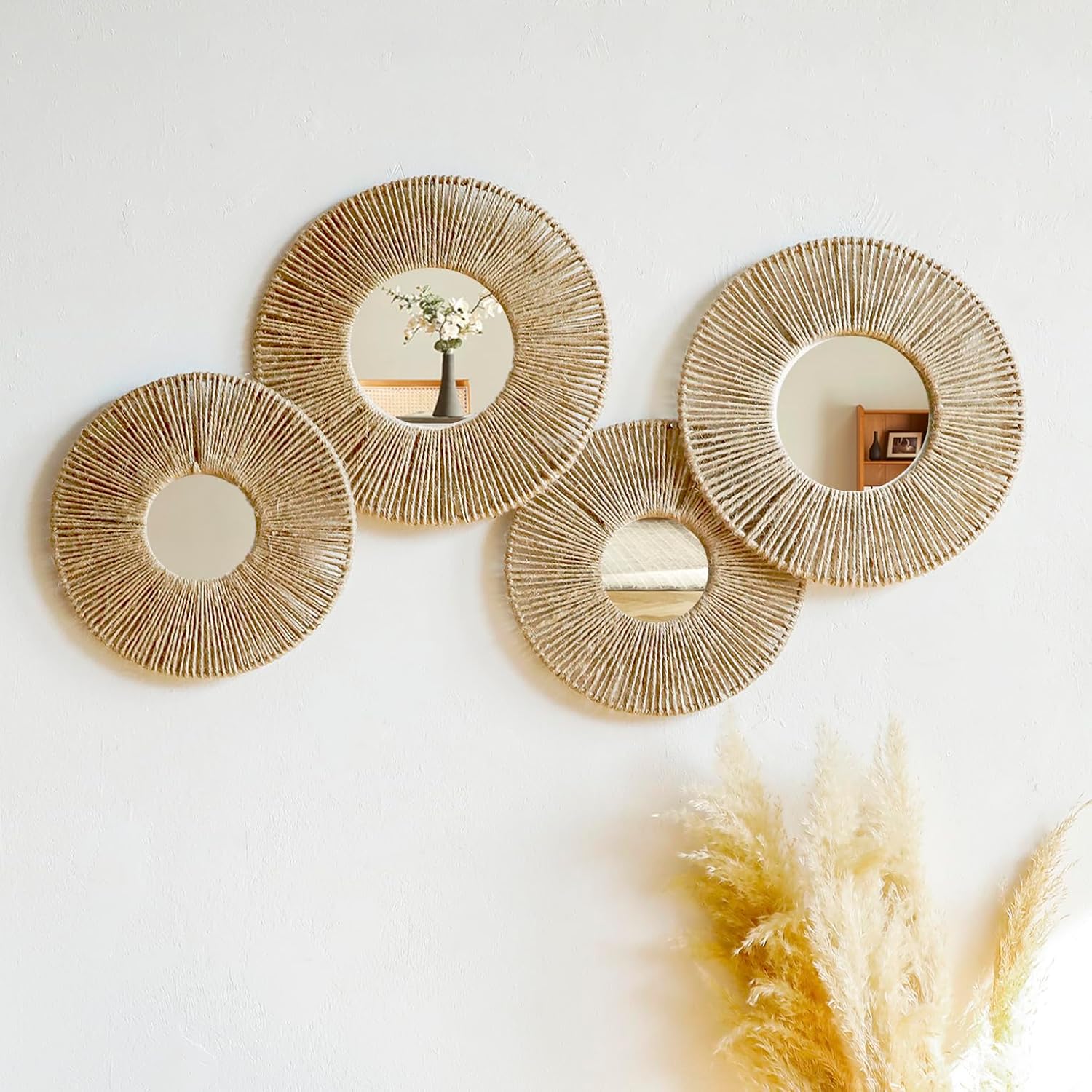 4Pcs Boho Coastal Hanging Baskets Wall Art with Mirror