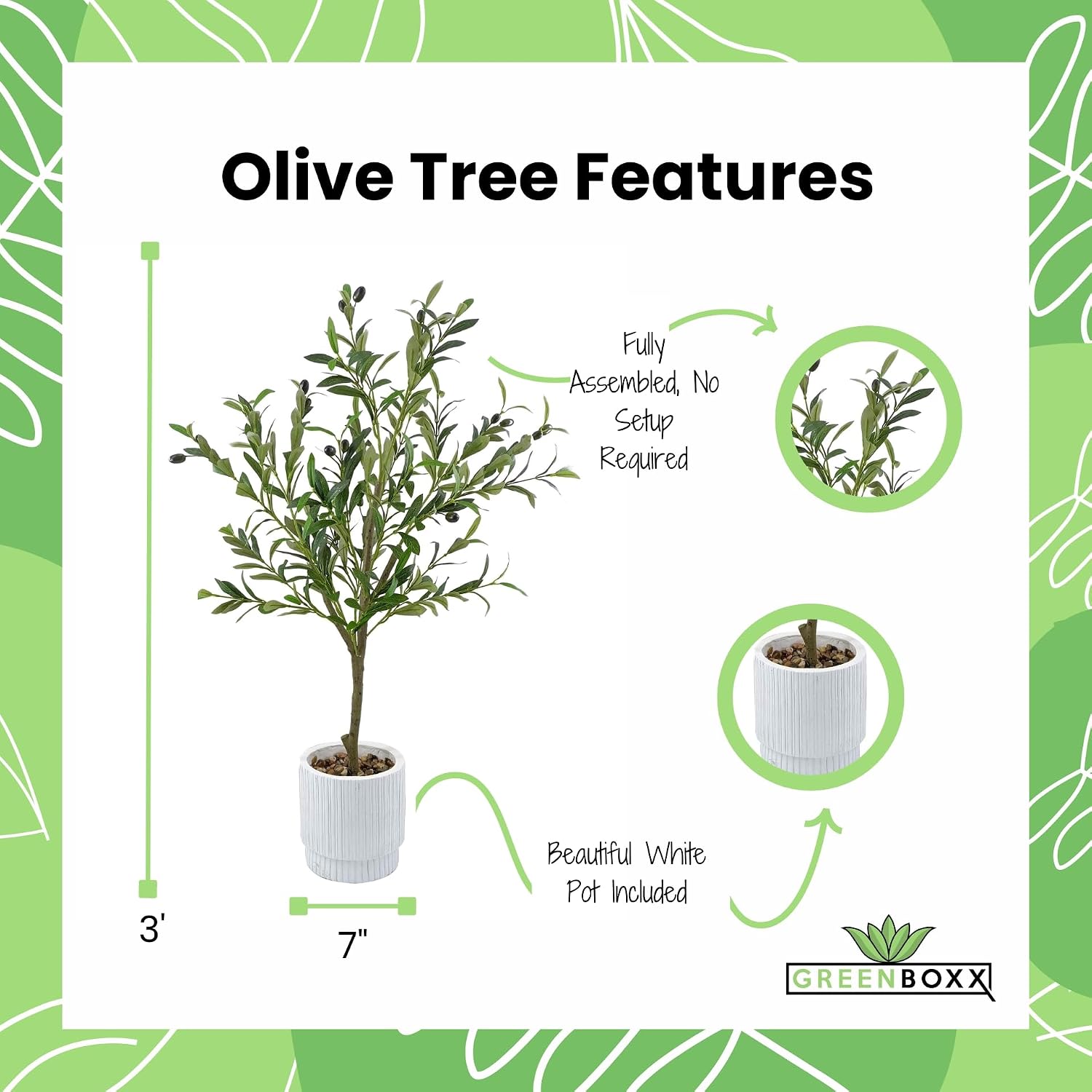 3ft Artificial Olive Tree with White Planter and Pebbles