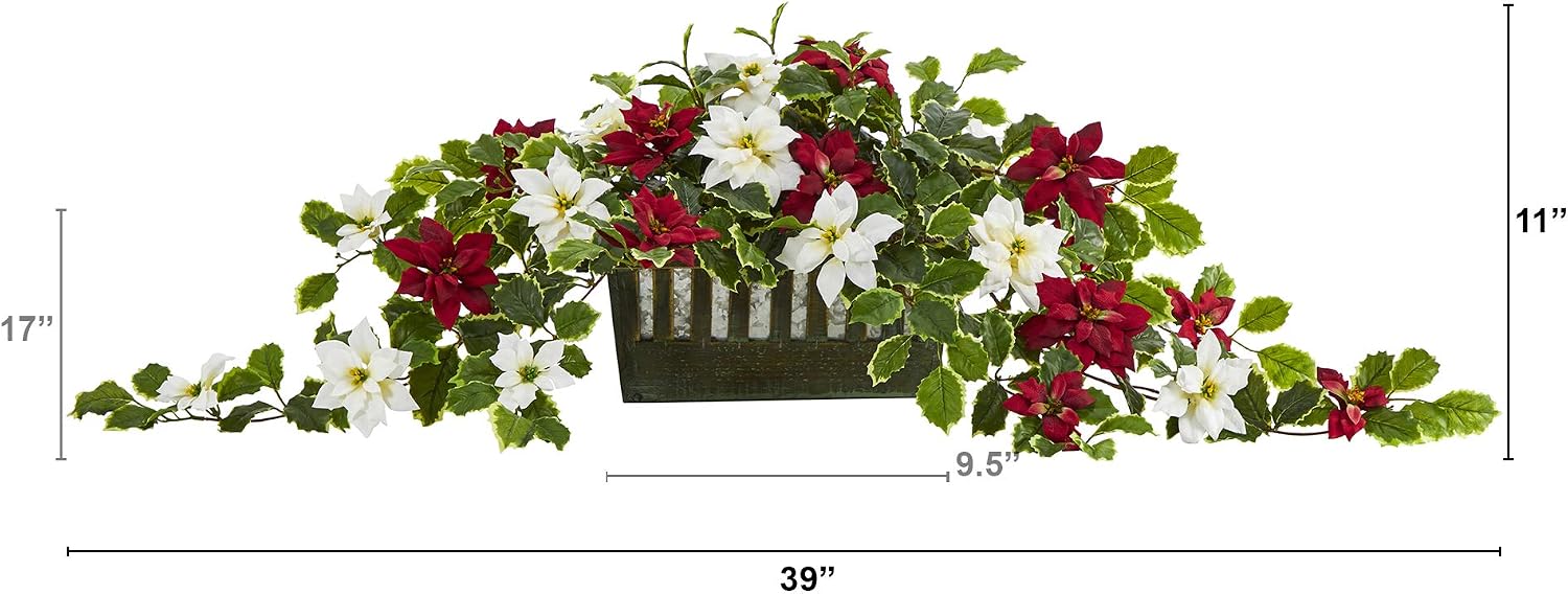 39" Poinsettia and Holly Artificial Plant in Planter