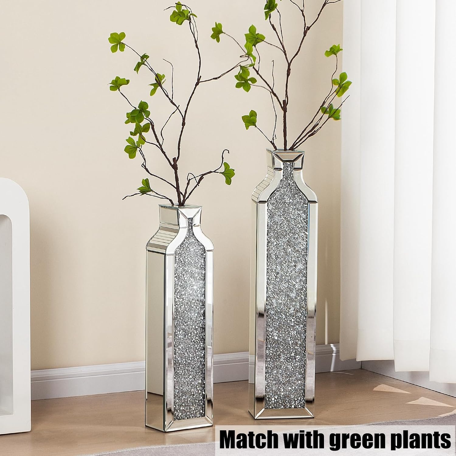 Set of 2 Silver Crushed Diamond Tall Floor Vases 24/30"