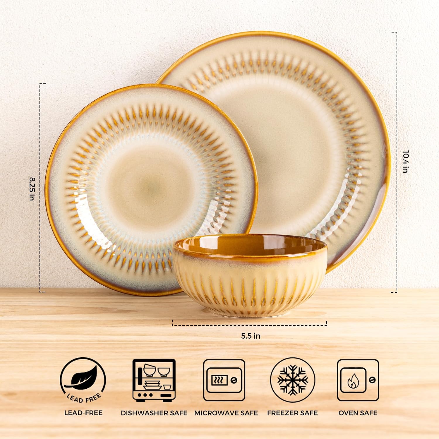 Khaki Embossed Stoneware Dinnerware Set 12-Piece