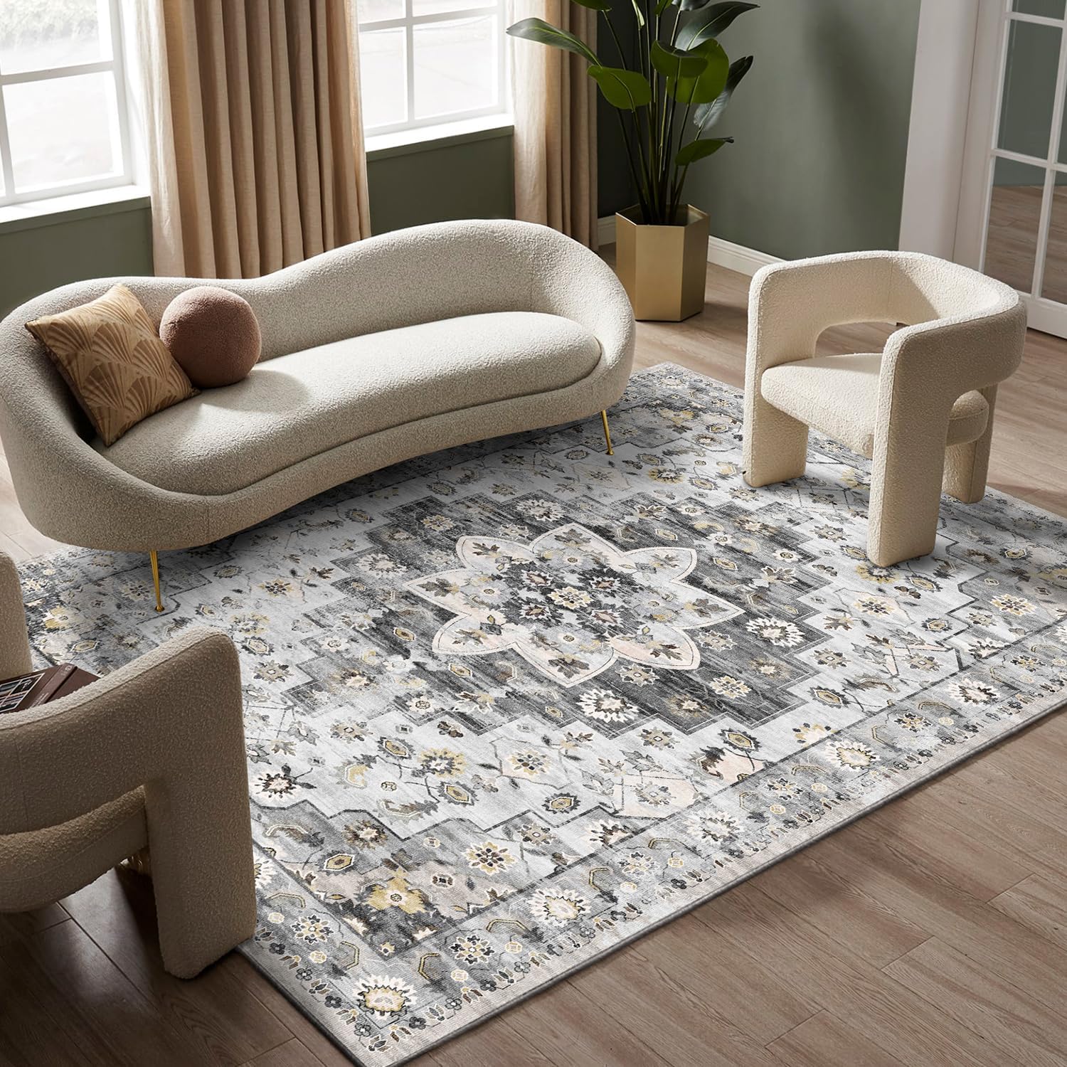5x7 Washable Boho Medallion Ultra-Thin Area Rug