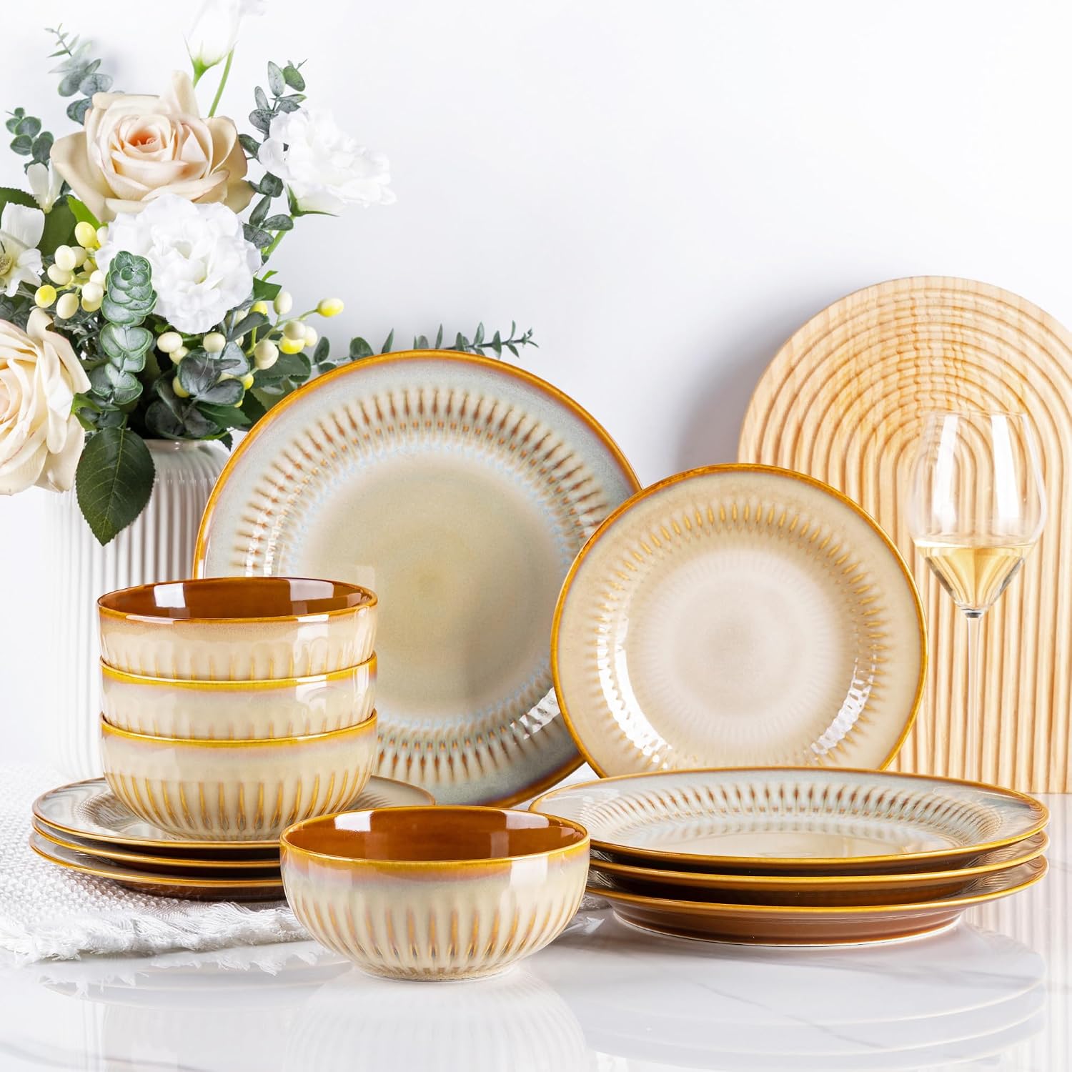 Khaki Embossed Stoneware Dinnerware Set 12-Piece