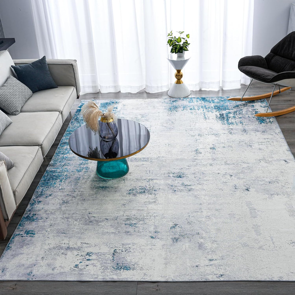 Blue 5x7 Washable Abstract Ultra-Thin Area Rug