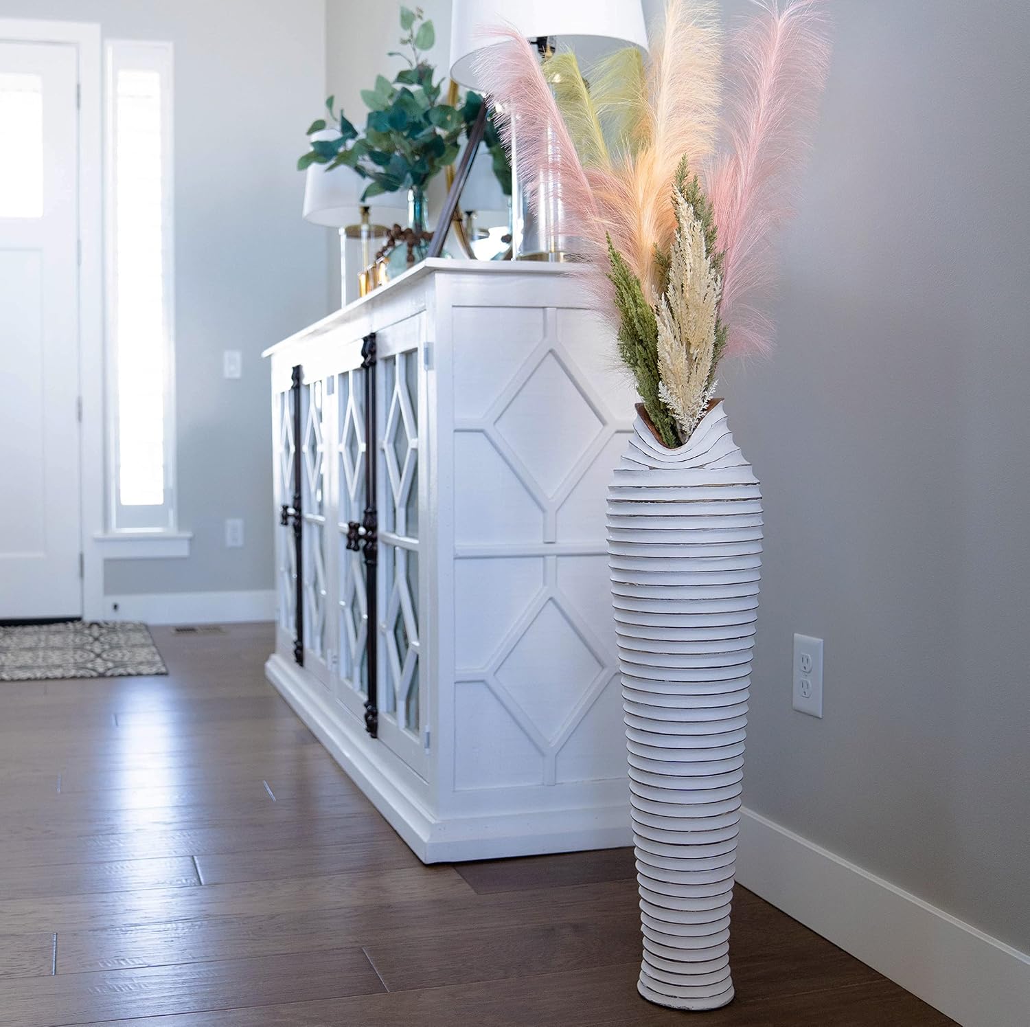 32" Extra Large White Wooden Ribbed Floor Vase