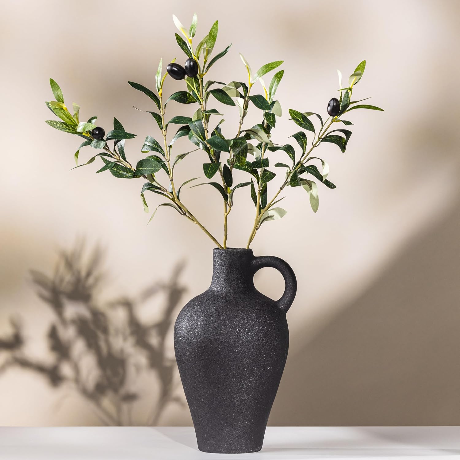 Black Textured Ceramic Vase 10" with Artificial Olive Branches