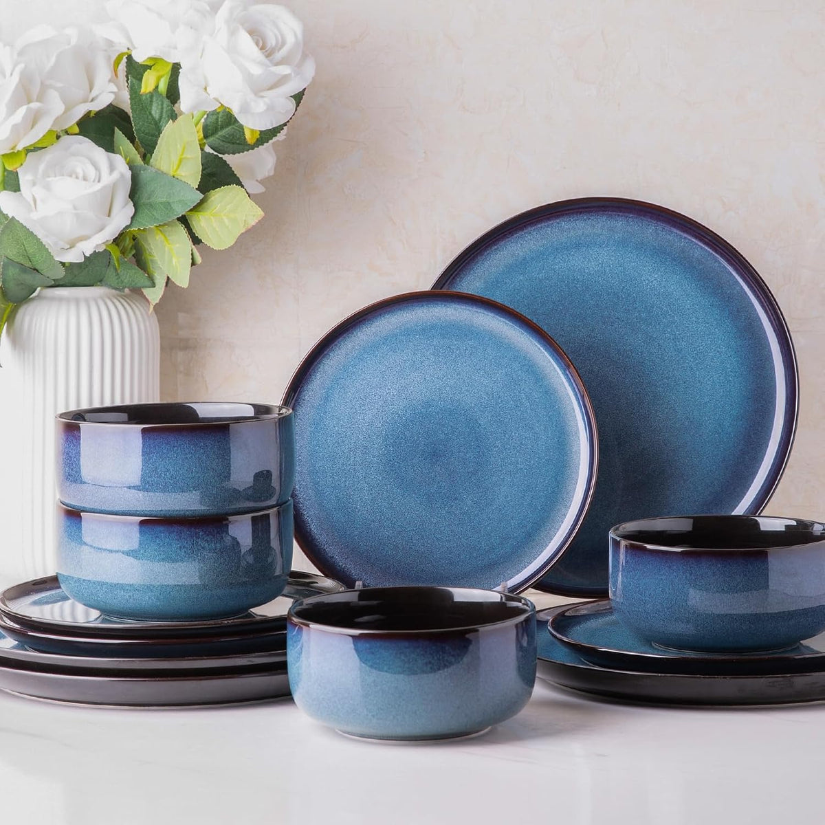 Blue 12-Piece Reactive Glaze Porcelain Dinnerware