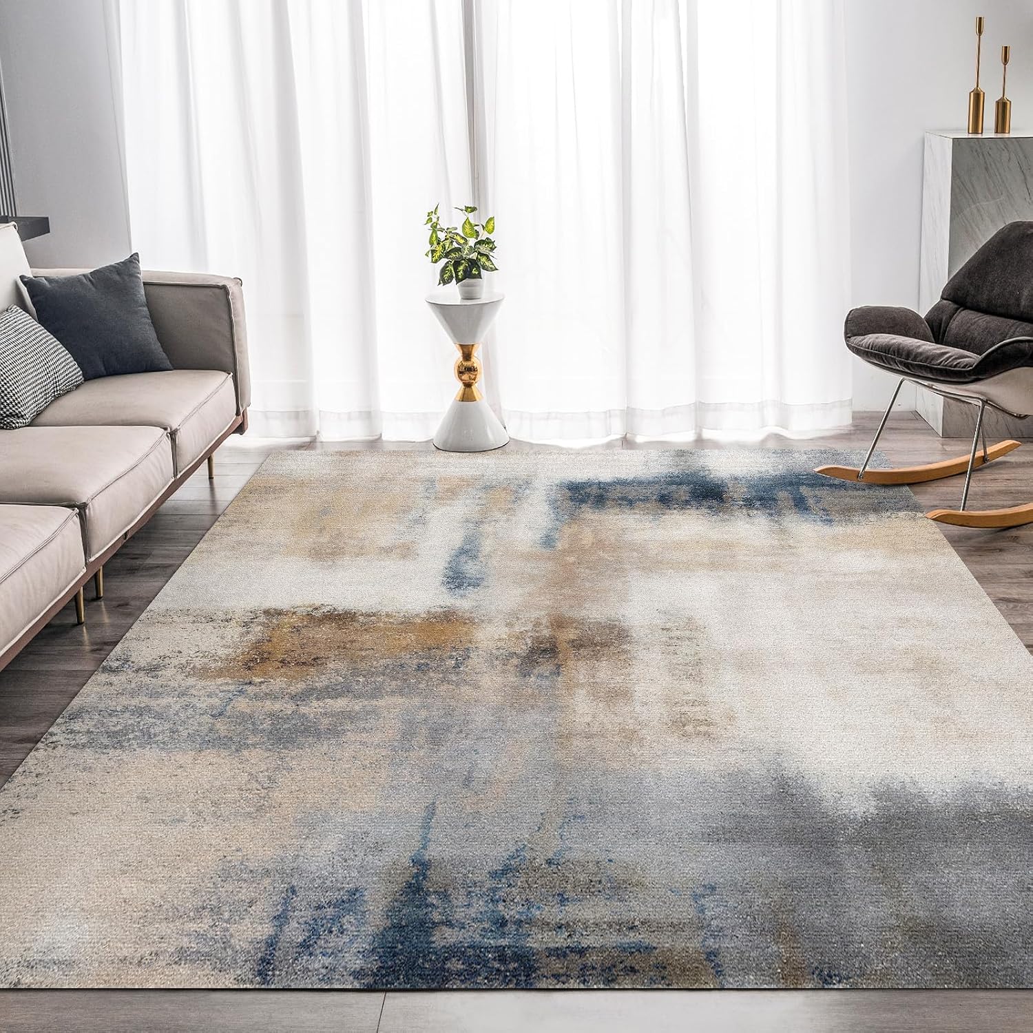 Grey-Beige 5x7 Washable Abstract Area Rug