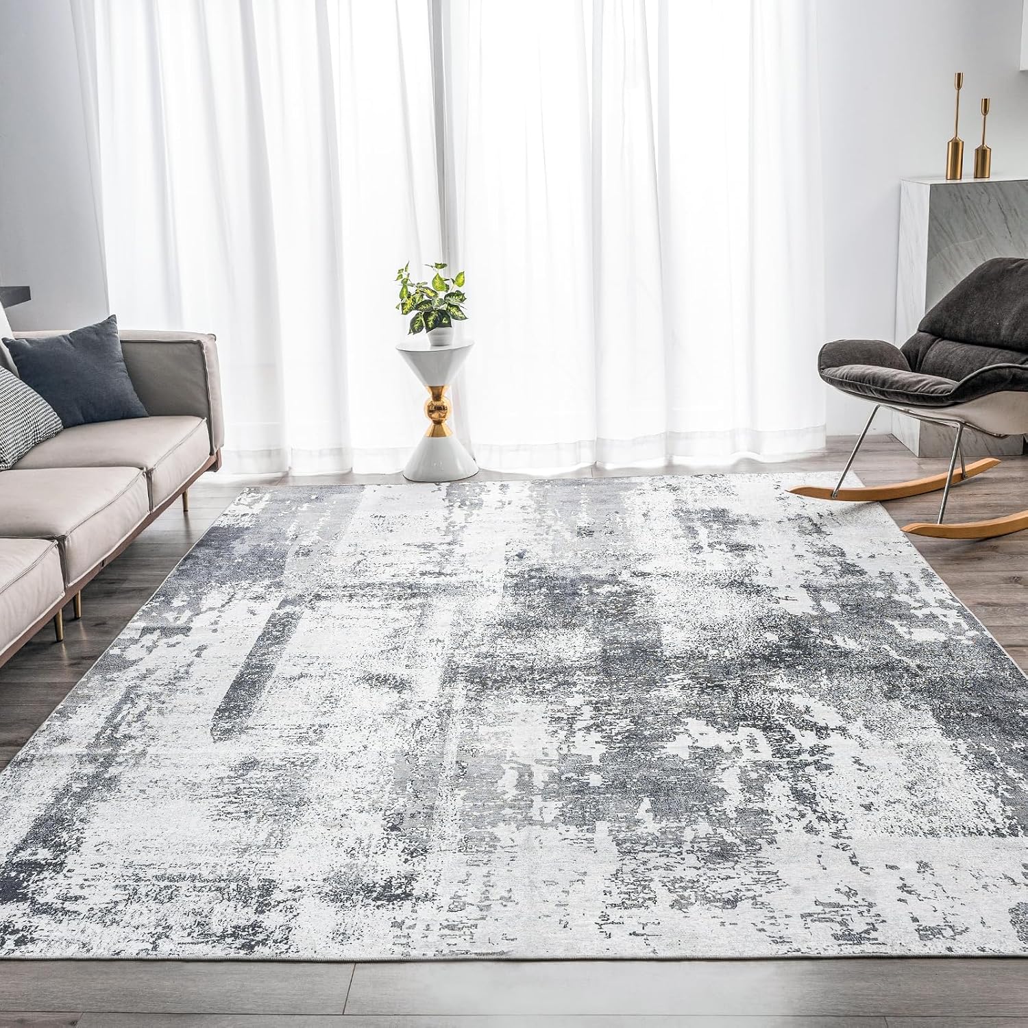 Grey 5x7 Washable Abstract Ultra-Thin Area Rug