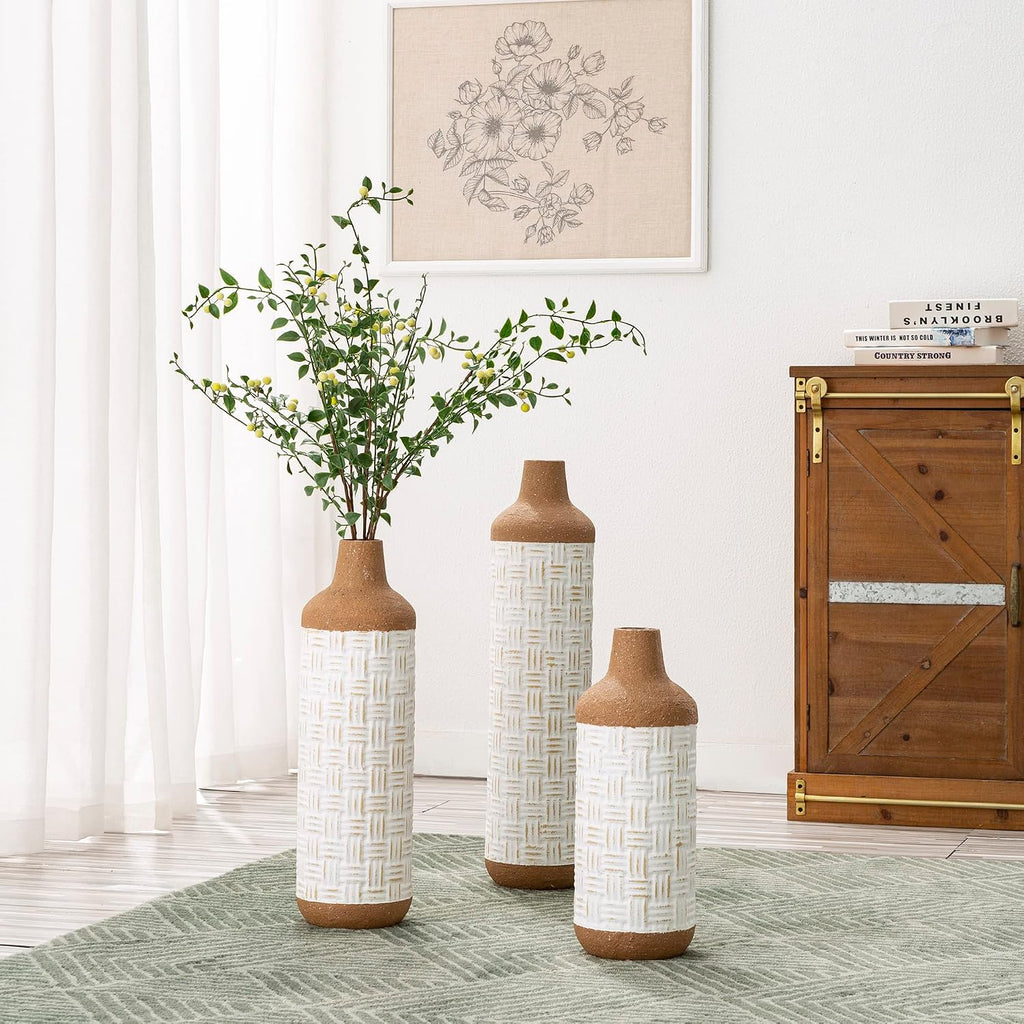 Set of 3 White Terra Cotta Texture Metal Floor Vases