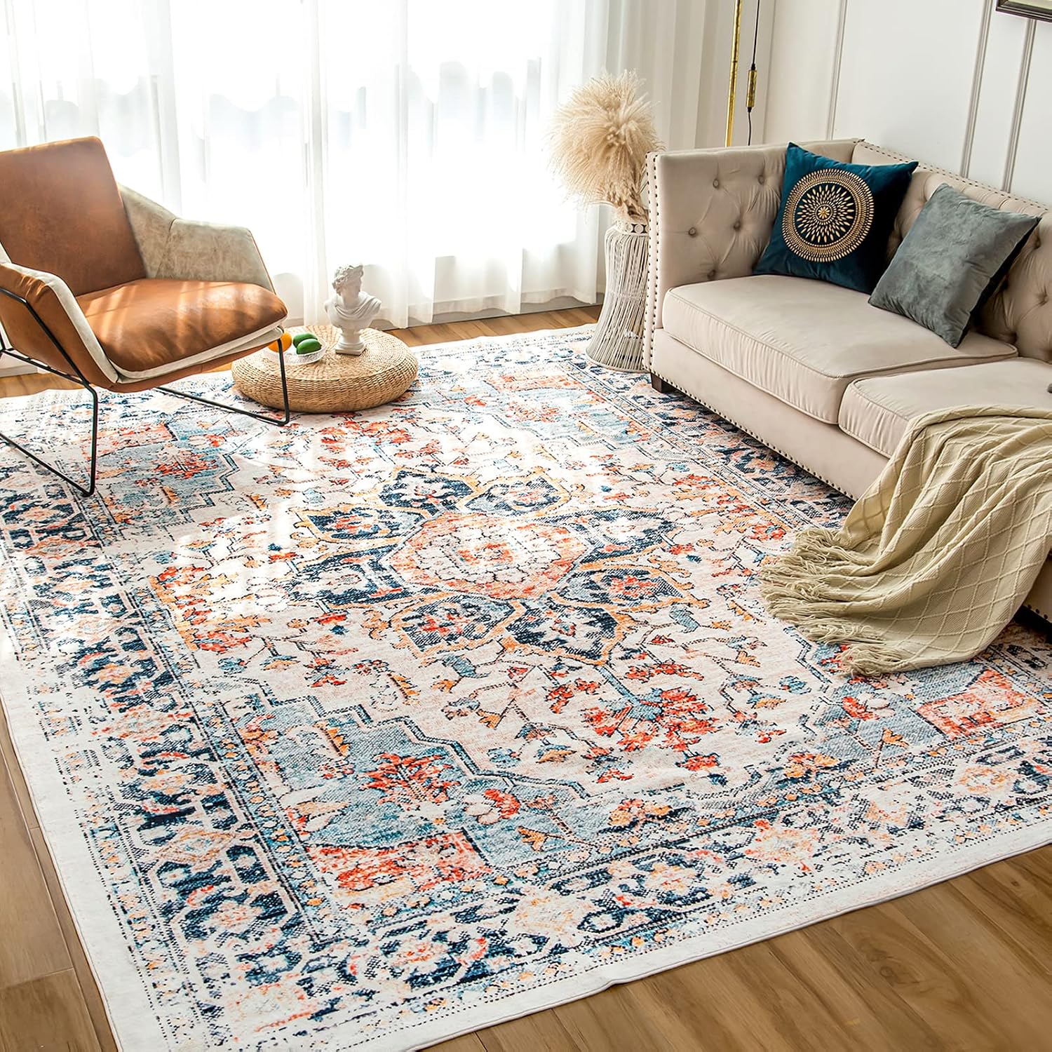 Blue 6x9 Machine Washable Vintage Area Rug