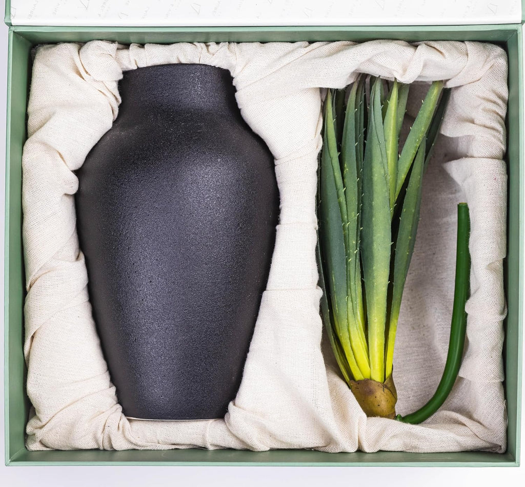 Black Textured Ceramic Vase 10.5" with Faux Aloe