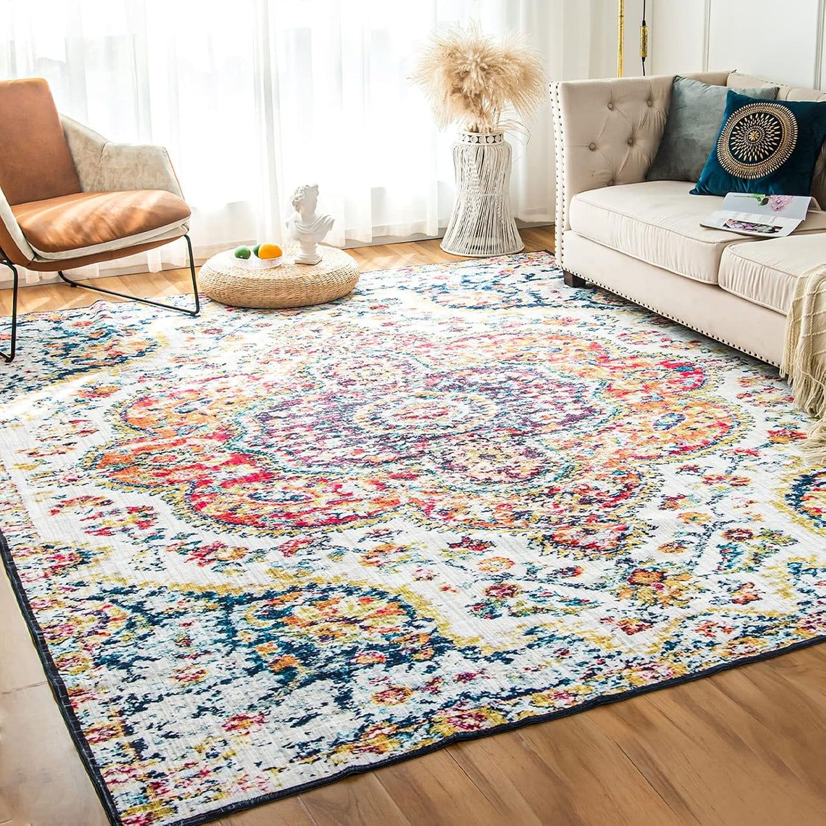 Blue Yellow 6x9 Machine Washable Vintage Area Rug