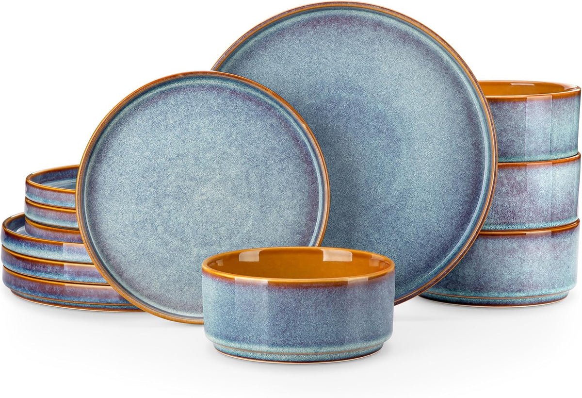 Blue 12-Piece Reactive Glaze Stoneware Dinnerware